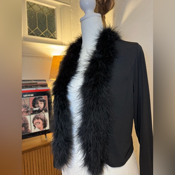 Calvin Klein Feathered Trimmed Cardigan Size Medium Sexy Black Going Out Top - Picture 3 of 11